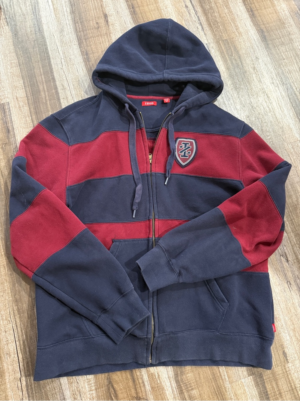 IZOD Men’s Navy Red Striped Full Zip Hoodie Crest Logo XL